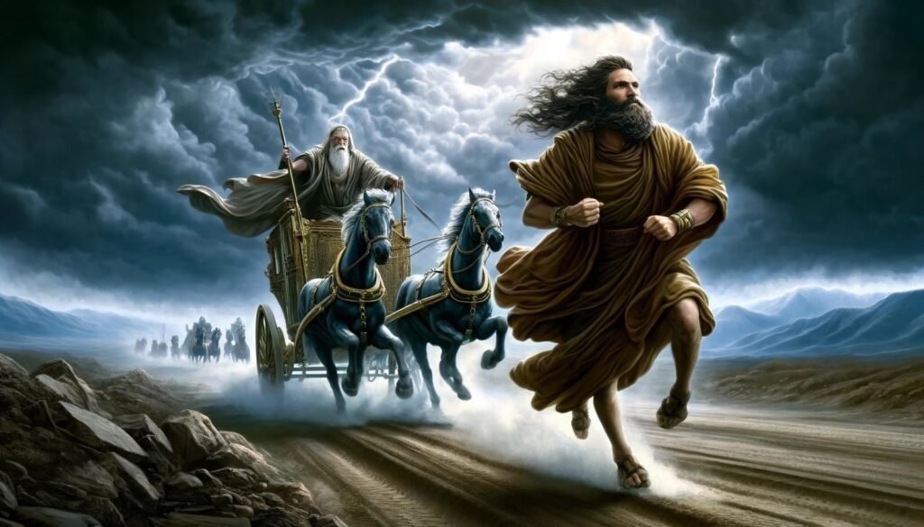 landscape version of Prophet Elijah outrunning King Ahab’s chariot from 1 Kings 18:46 (KJV)